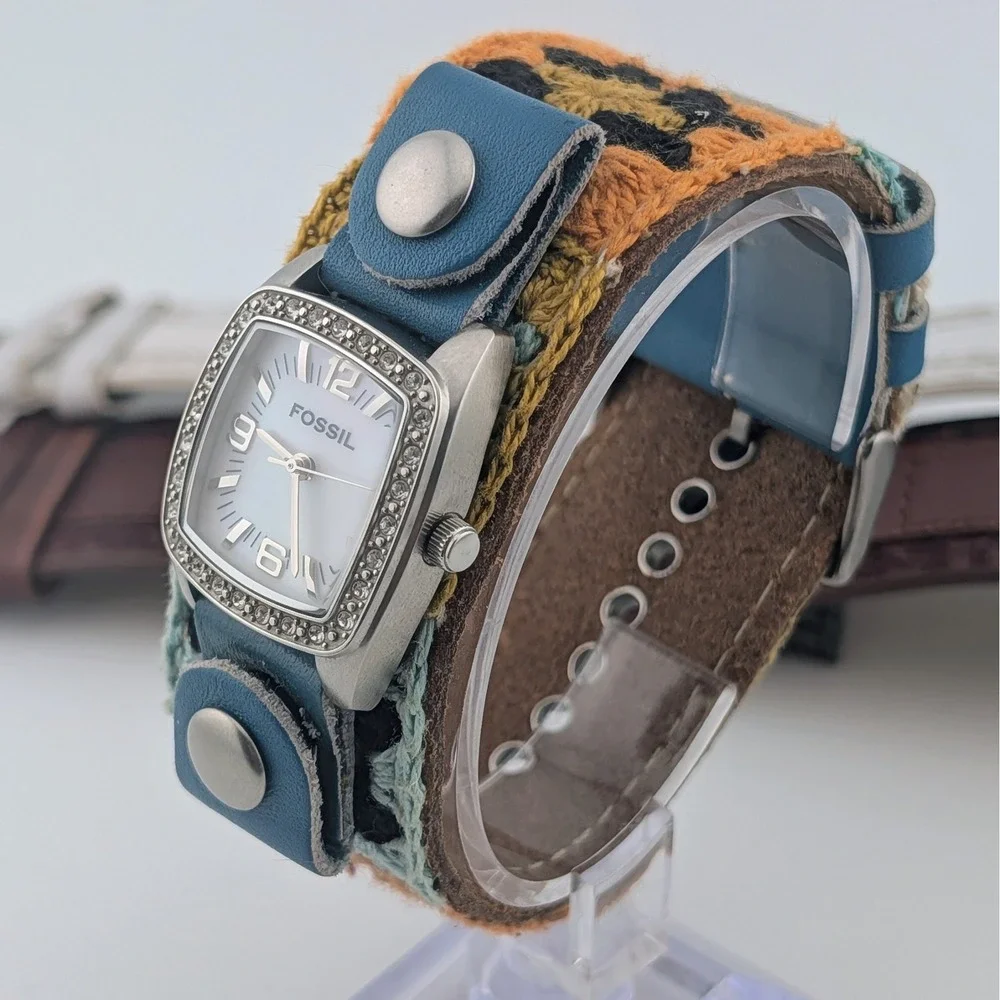Fossil JR-8683 Women's MOP Watch Rhinestone Bezel Crochet Cuff 3 Straps Included